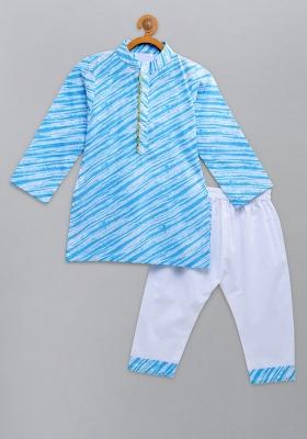 Blue Printed Cotton Kurta Set For Boys