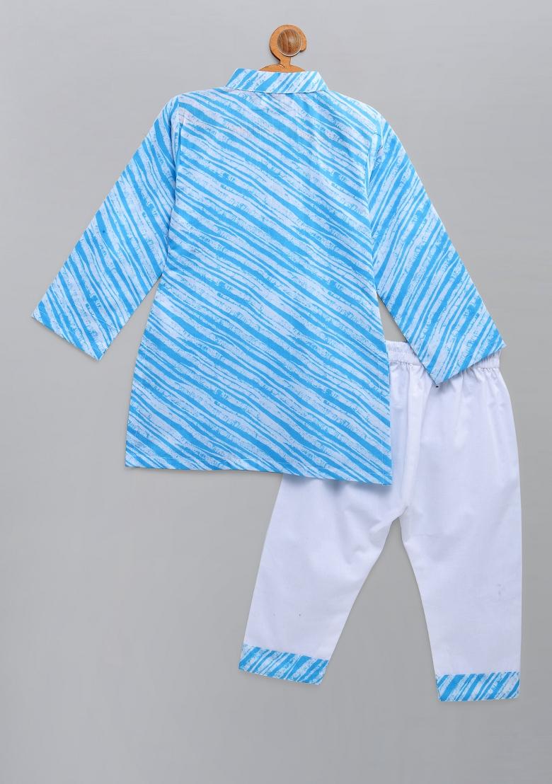 Blue Printed Cotton Kurta Set For Boys