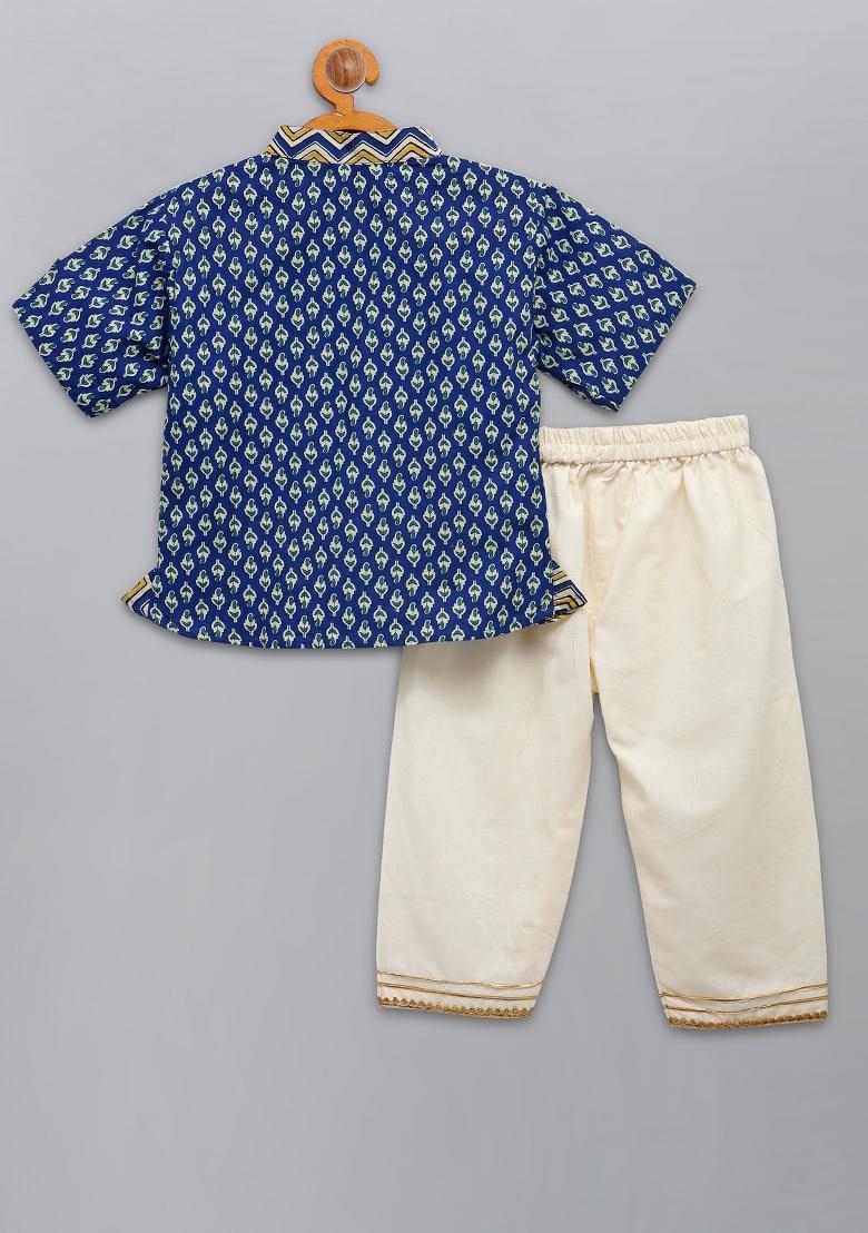 Blue Printed Cotton Kurta Set For Boys
