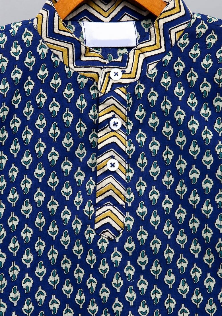 Blue Printed Cotton Kurta Set For Boys