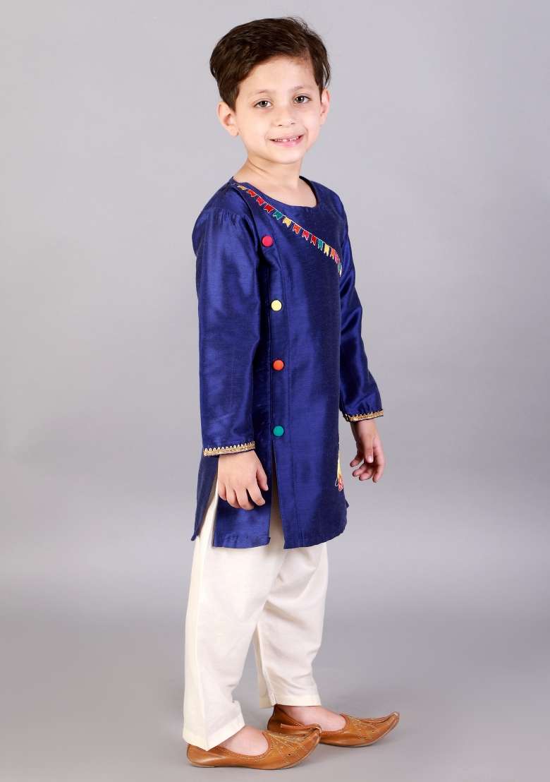 Blue Embroidered Cotton Silk Kurta Set Raksha Bandhan For Boys - Indya