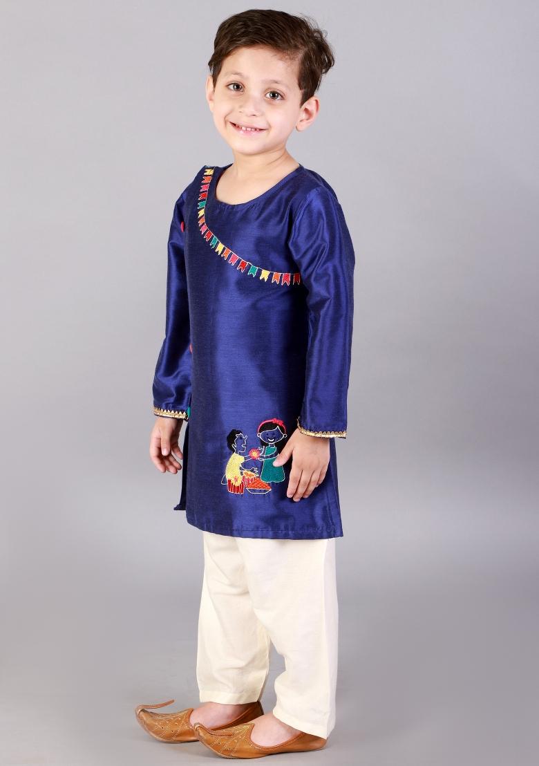 Blue Embroidered Cotton Silk Kurta Set Raksha Bandhan For Boys