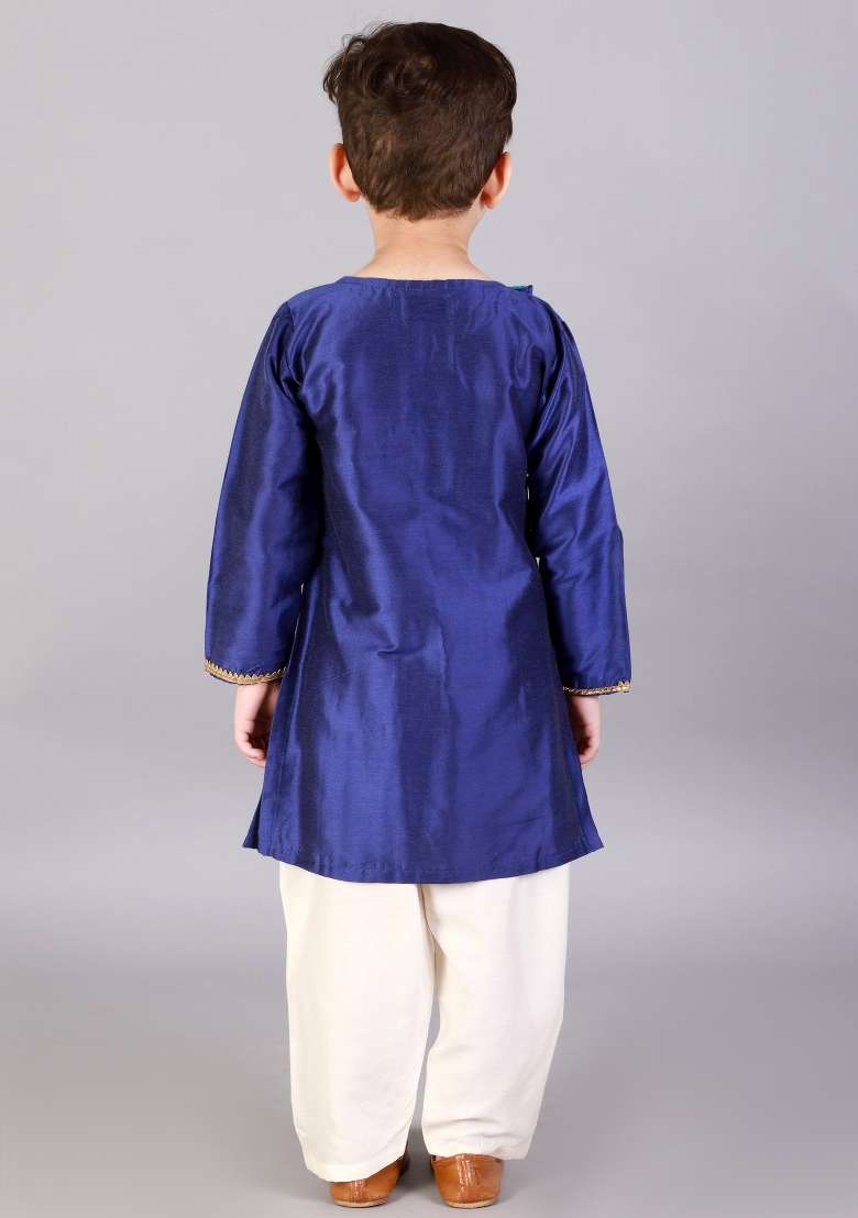 Blue Embroidered Cotton Silk Kurta Set Raksha Bandhan For Boys - Indya