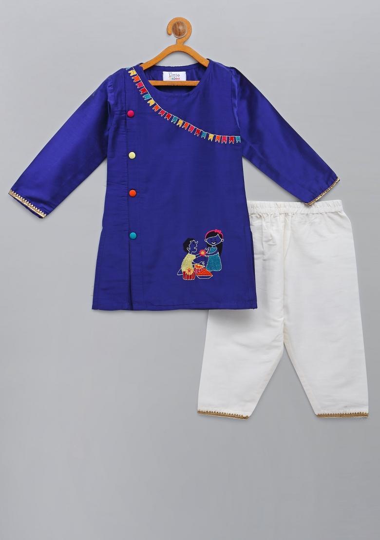 Blue Embroidered Cotton Silk Kurta Set Raksha Bandhan For Boys