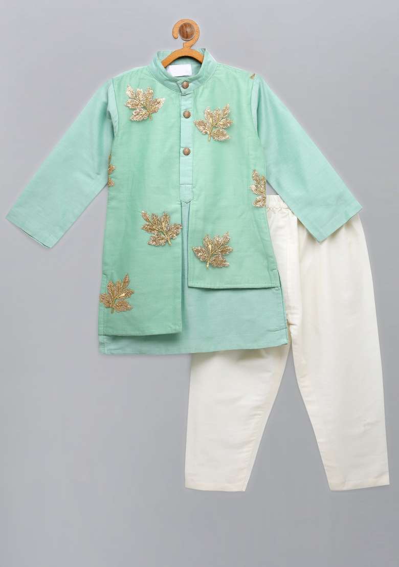 Pastel Green Embroidered Cotton Silk Kurta Set Eid For Boys - Indya
