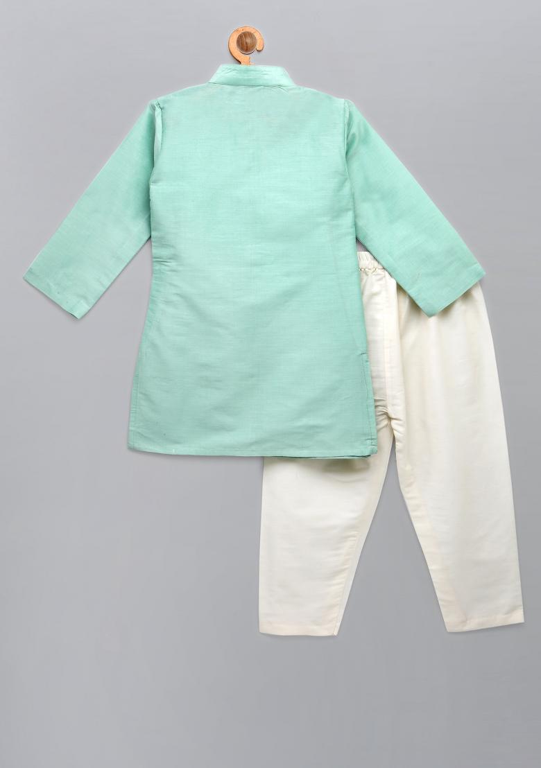 Pastel Green Embroidered Cotton Silk Kurta Set Eid For Boys