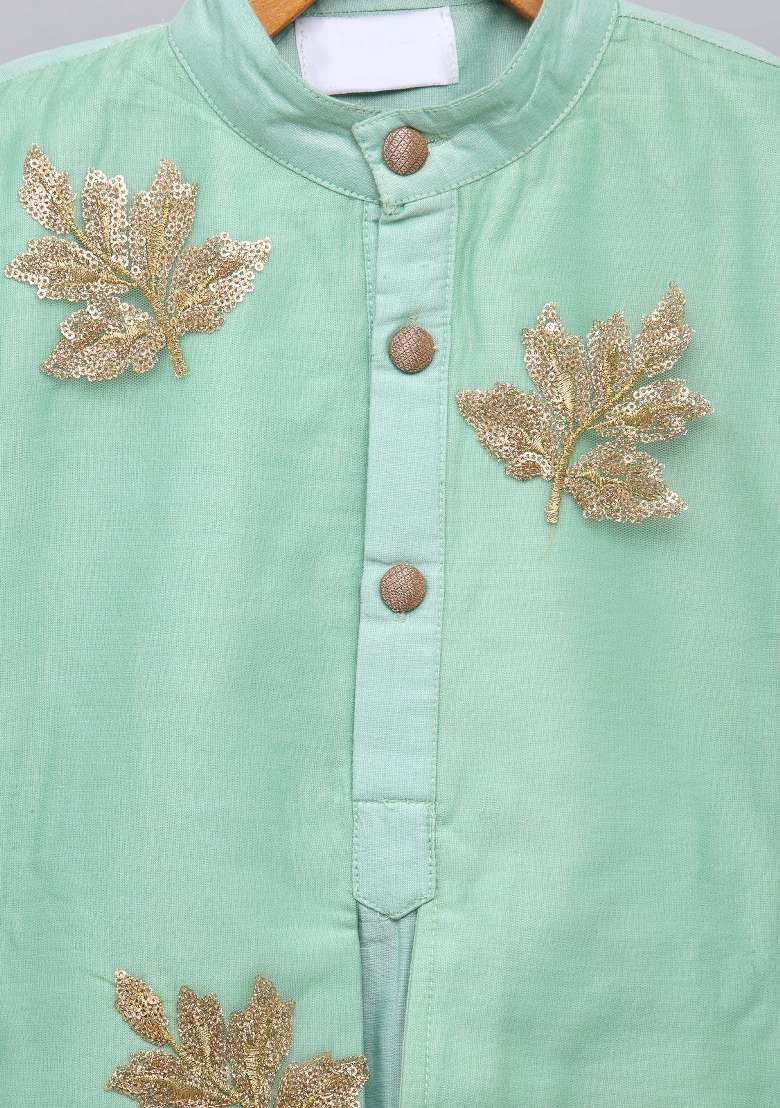 Pastel Green Embroidered Cotton Silk Kurta Set Eid For Boys - Indya