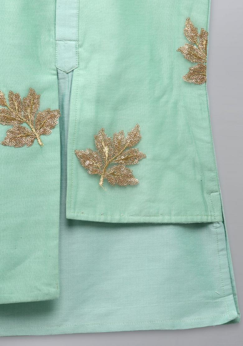 Pastel Green Embroidered Cotton Silk Kurta Set Eid For Boys