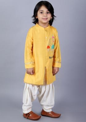Yellow Embroidered Cotton Silk Kurta Set Eid For Boys