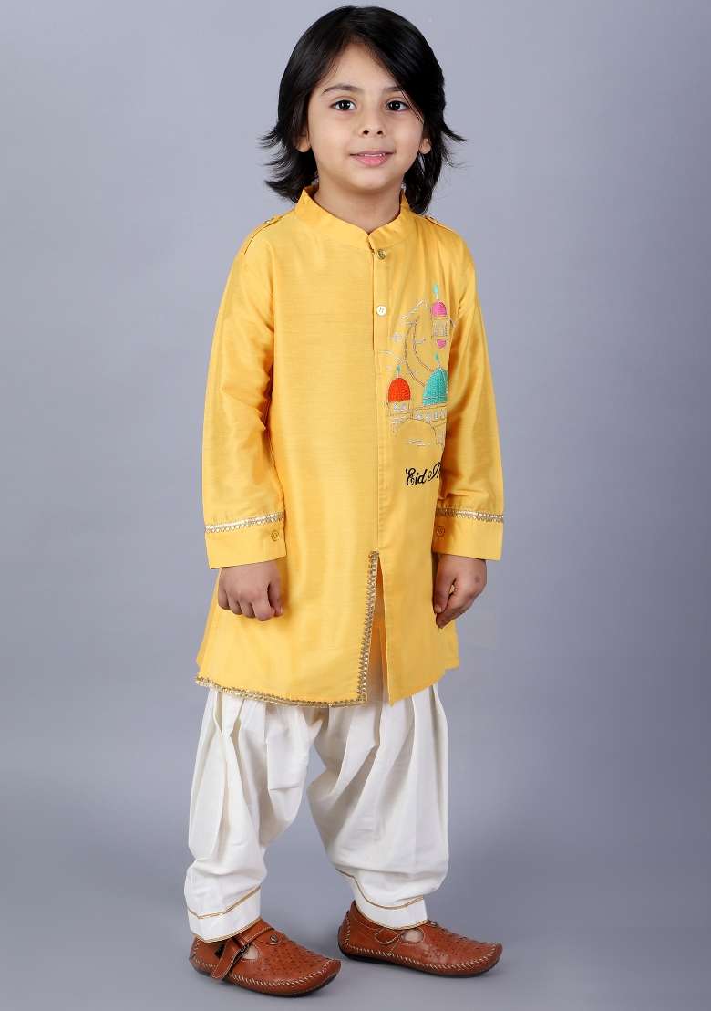 Yellow Embroidered Cotton Silk Kurta Set Eid For Boys - Indya