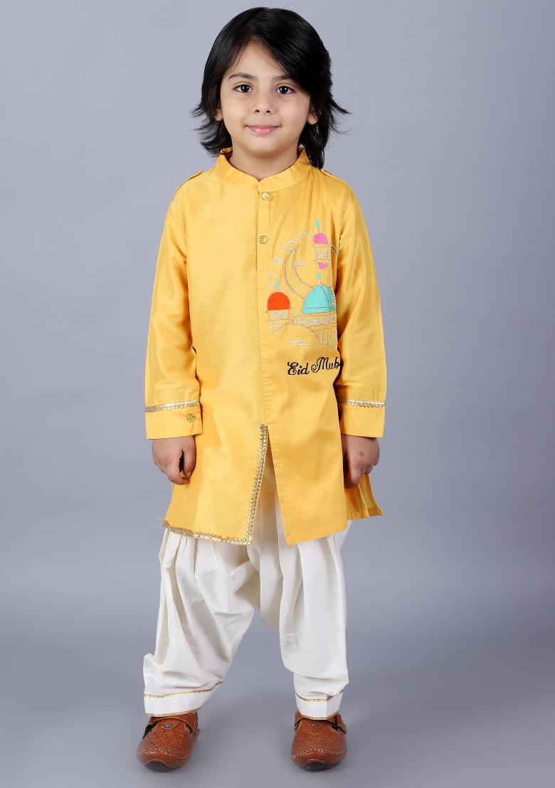 Yellow Embroidered Cotton Silk Kurta Set Eid For Boys