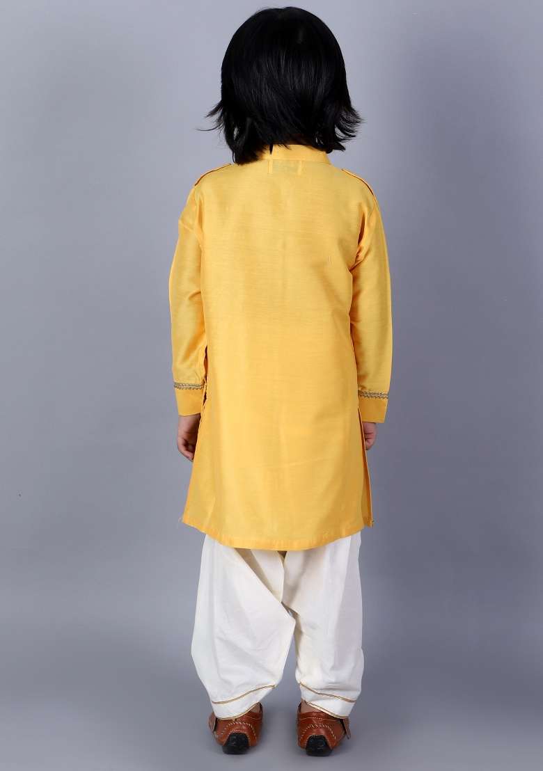 Yellow Embroidered Cotton Silk Kurta Set Eid For Boys - Indya