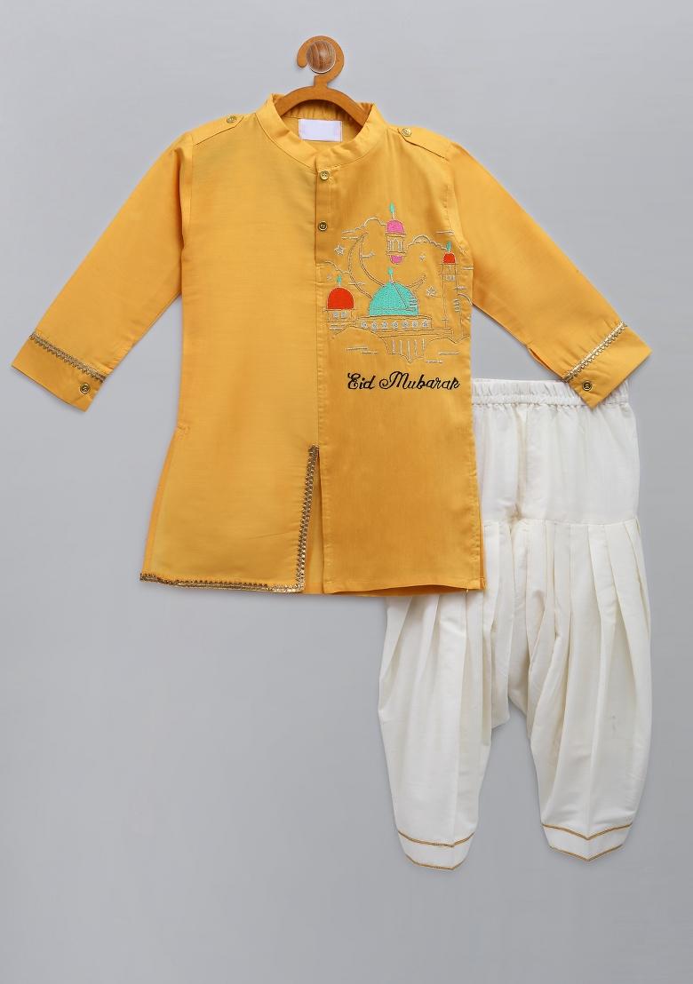 Yellow Embroidered Cotton Silk Kurta Set Eid For Boys