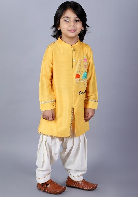 Yellow Embroidered Cotton Silk Kurta Set Eid For Boys
