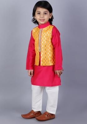 Pink Embroidered Cotton Silk Kurta Set For Boys