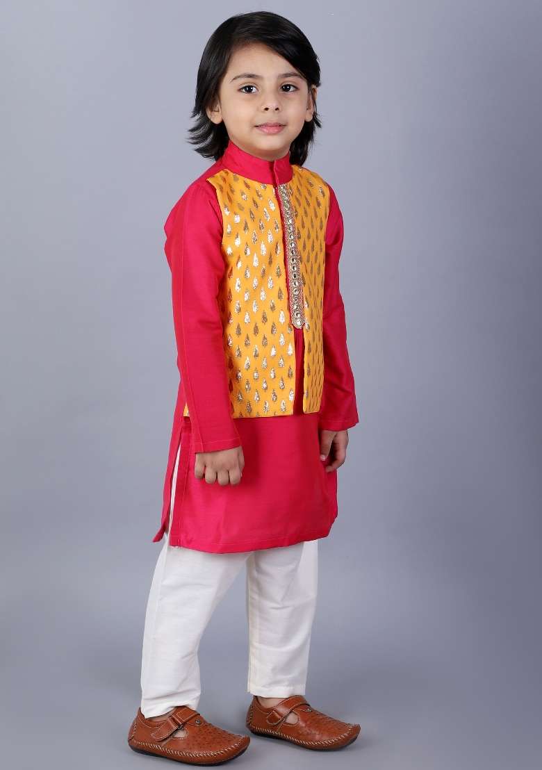 Pink Embroidered Cotton Silk Kurta Set For Boys - Indya