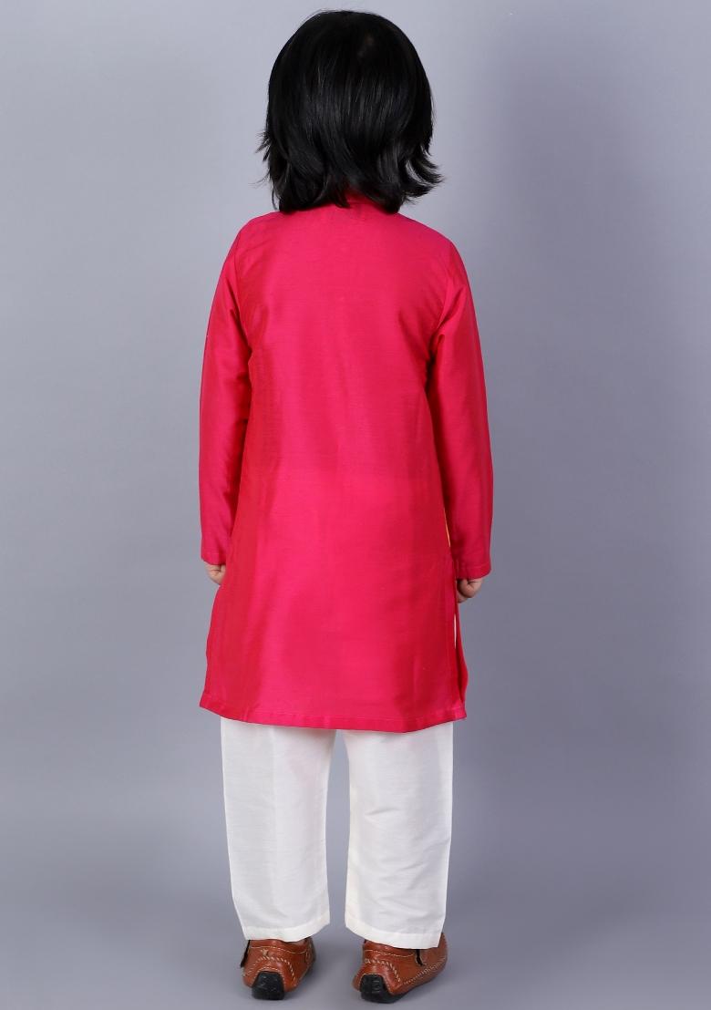 Pink Embroidered Cotton Silk Kurta Set For Boys