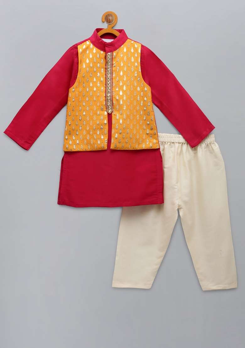 Pink Embroidered Cotton Silk Kurta Set For Boys - Indya