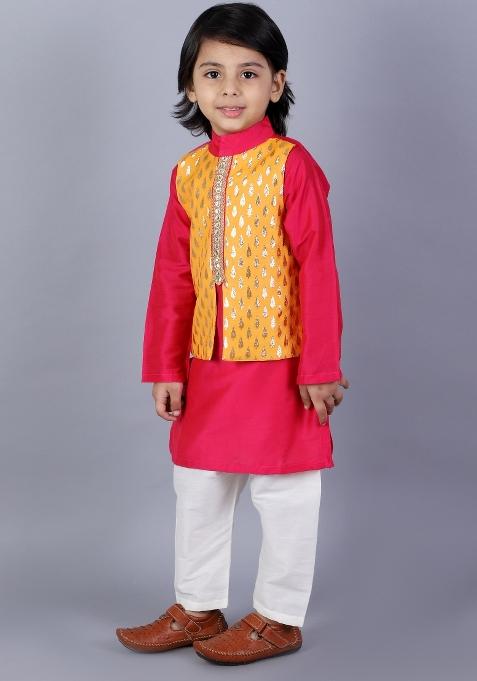 Pink Embroidered Cotton Silk Kurta Set For Boys