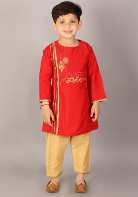 Red Embroidered Cotton Silk Kurta Set Raksha Bandhan For Boys