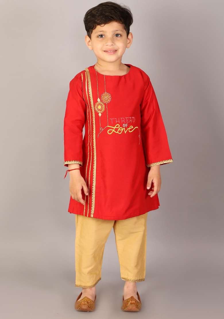 Red Embroidered Cotton Silk Kurta Set Raksha Bandhan For Boys - Indya
