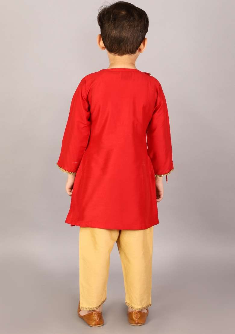 Red Embroidered Cotton Silk Kurta Set Raksha Bandhan For Boys - Indya