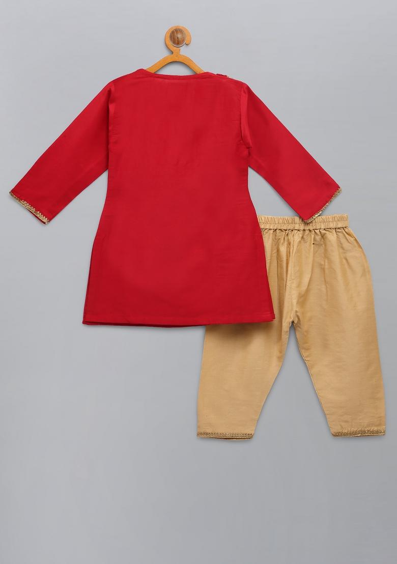 Red Embroidered Cotton Silk Kurta Set Raksha Bandhan For Boys