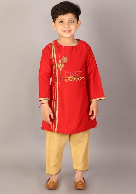Red Embroidered Cotton Silk Kurta Set Raksha Bandhan For Boys