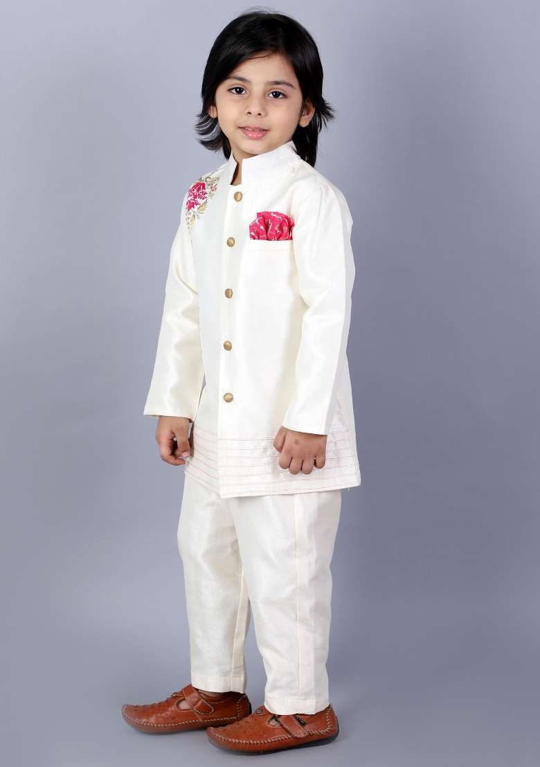 Offwhite Embroidered Silk Bandhgala Sherwani For Boys - Indya