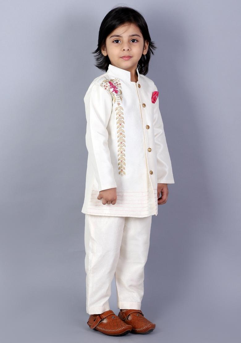 Offwhite Embroidered Silk Bandhgala Sherwani For Boys