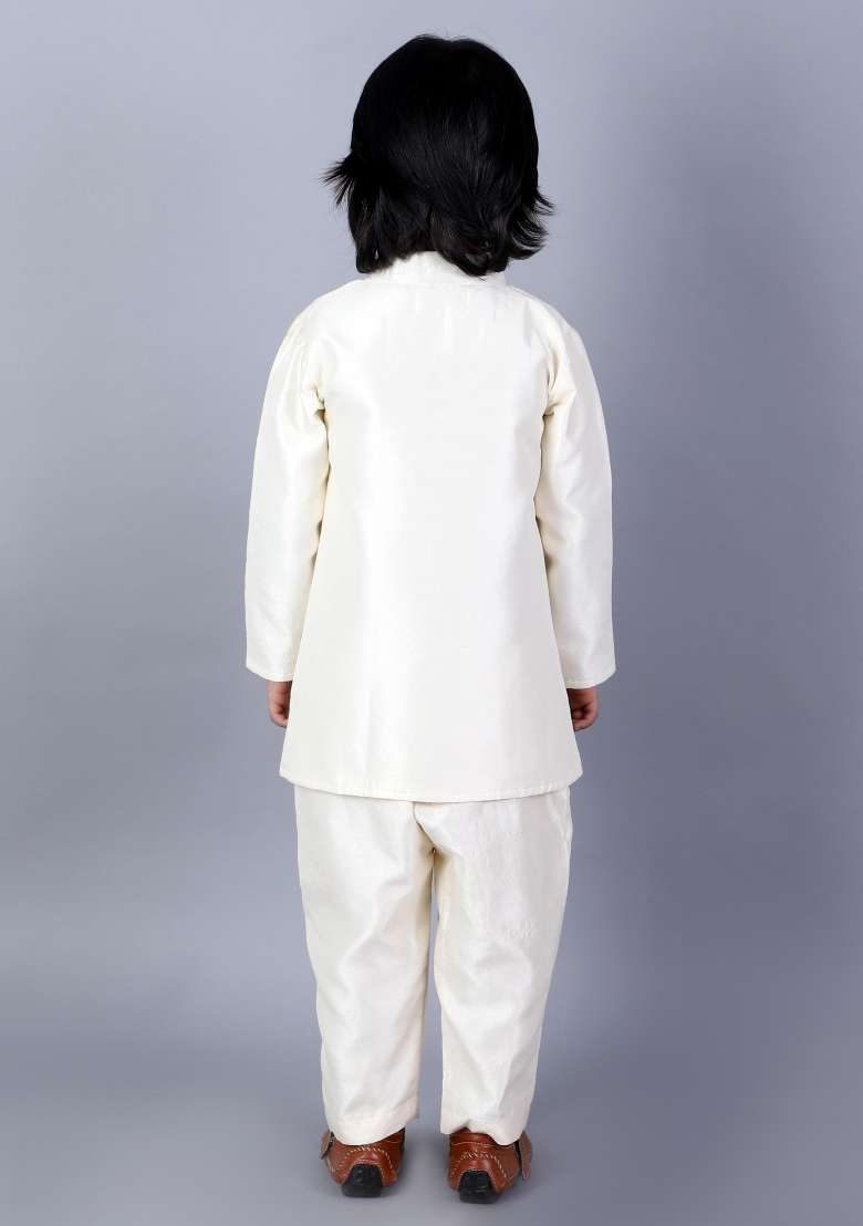 Offwhite Embroidered Silk Bandhgala Sherwani For Boys - Indya