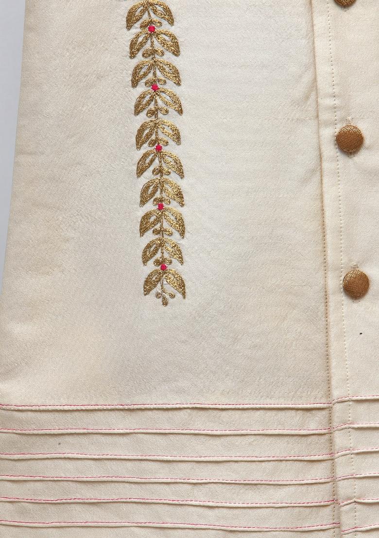 Offwhite Embroidered Silk Bandhgala Sherwani For Boys