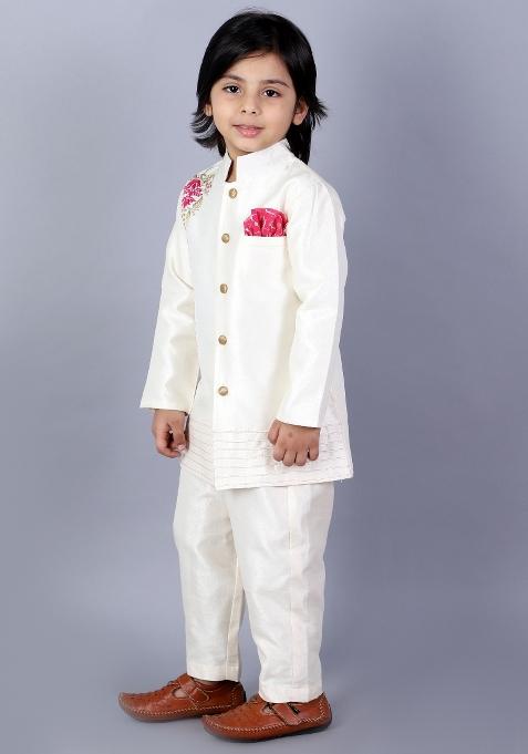 Offwhite Embroidered Silk Bandhgala Sherwani For Boys