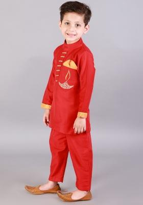 Red Embroidered Cotton Silk Kurta Set Diwali For Boys