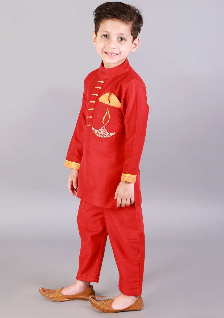 Red Embroidered Cotton Silk Kurta Set Diwali For Boys - Indya