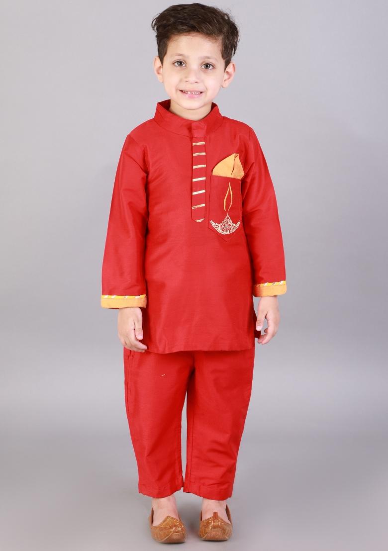 Red Embroidered Cotton Silk Kurta Set Diwali For Boys