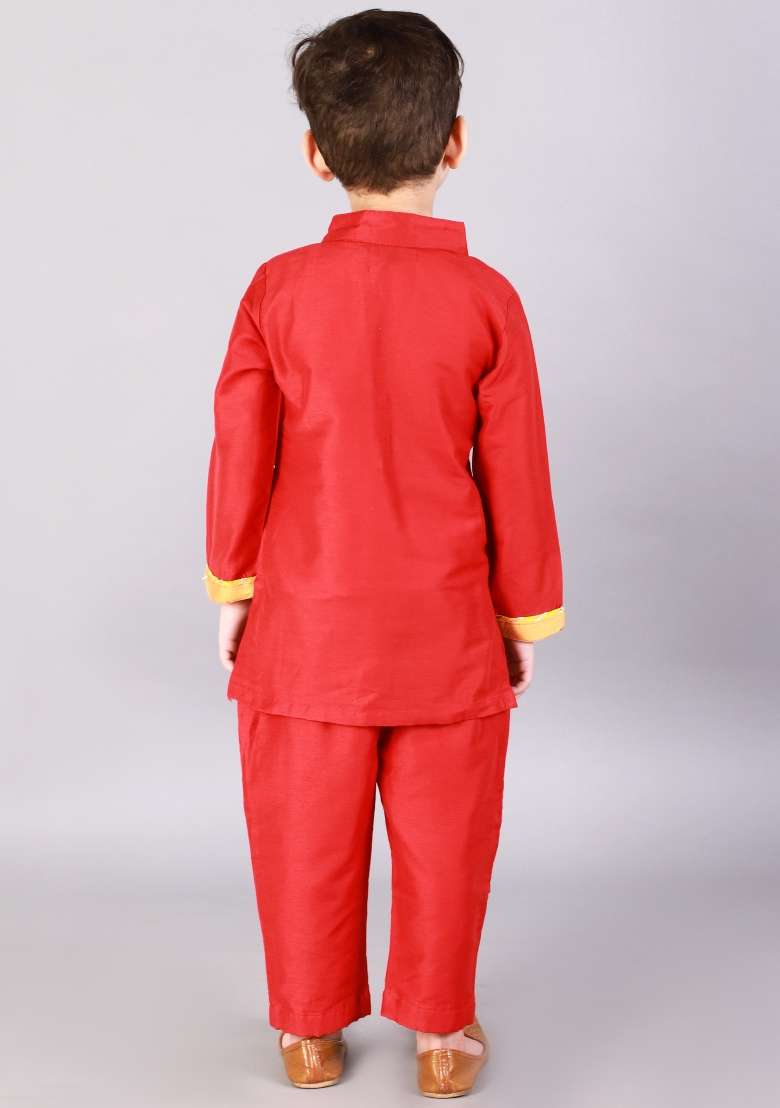 Red Embroidered Cotton Silk Kurta Set Diwali For Boys - Indya
