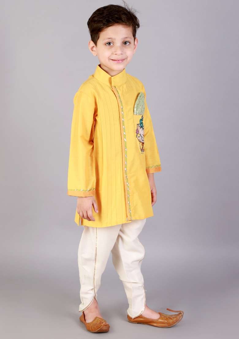 Yellow Embroidered Cotton Silk Dhoti Set Ganesh Chaturthi For Boys - Indya