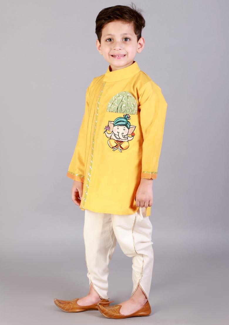 Yellow Embroidered Cotton Silk Dhoti Set Ganesh Chaturthi For Boys