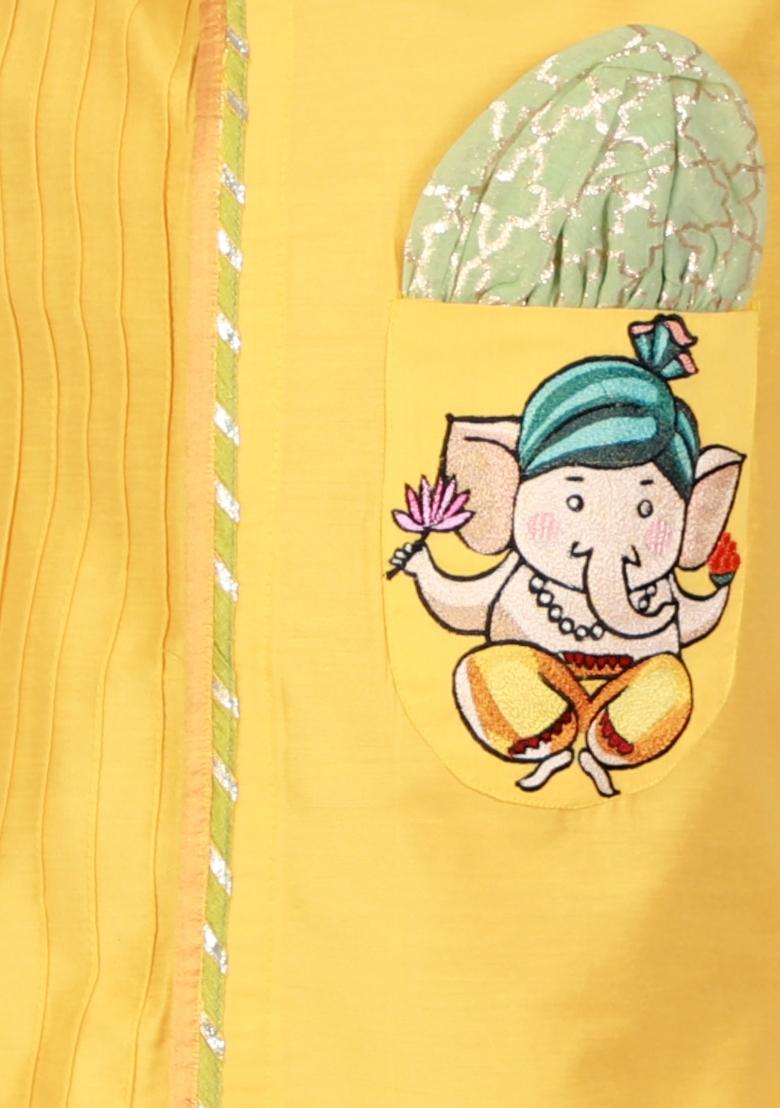Yellow Embroidered Cotton Silk Dhoti Set Ganesh Chaturthi For Boys