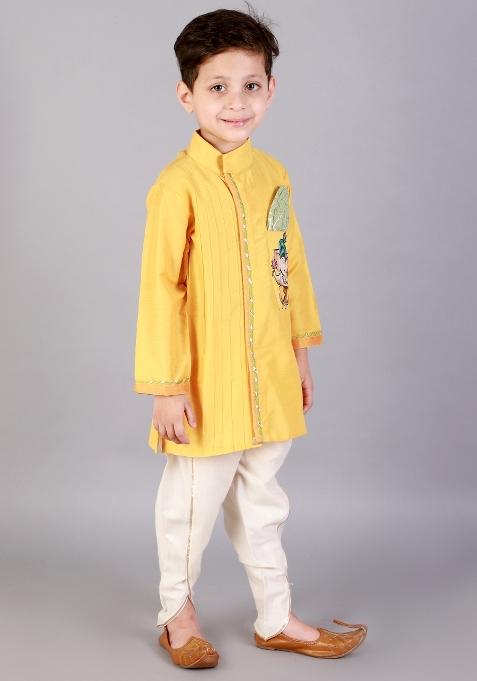 Yellow Embroidered Cotton Silk Dhoti Set Ganesh Chaturthi For Boys