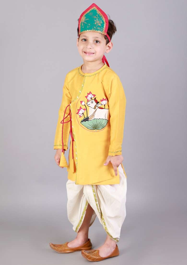 Yellow Embroidered Cotton Silk Dhoti Set Janmashtmi For Boys - Indya
