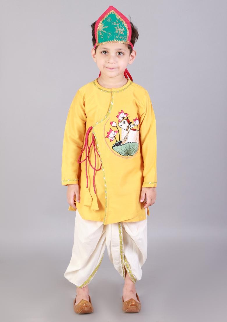 Yellow Embroidered Cotton Silk Dhoti Set Janmashtmi For Boys