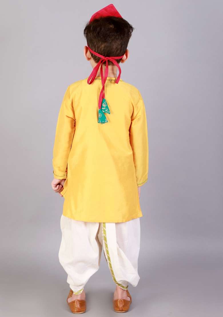 Yellow Embroidered Cotton Silk Dhoti Set Janmashtmi For Boys - Indya