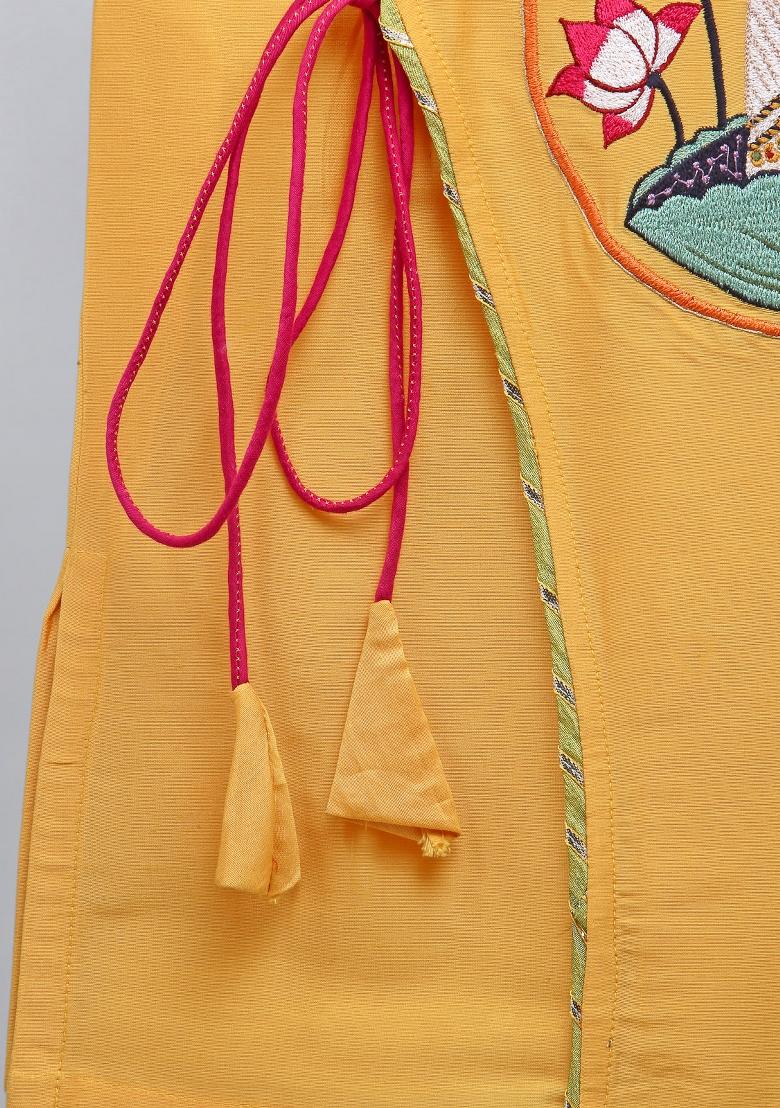 Yellow Embroidered Cotton Silk Dhoti Set Janmashtmi For Boys