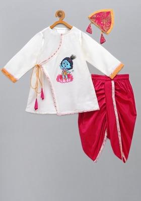 Offwhite Embroidered Cotton Silk Dhoti Set Janmashtmi For Boys