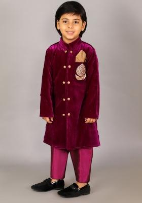 Purple Embroidered Velvet Bandhgala Shwerwani For Boys