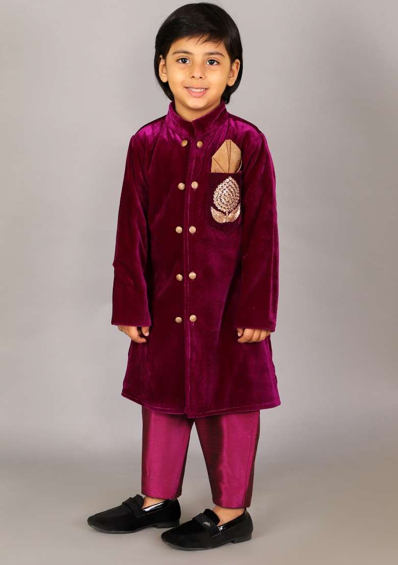 Purple Embroidered Velvet Bandhgala Shwerwani For Boys - Indya