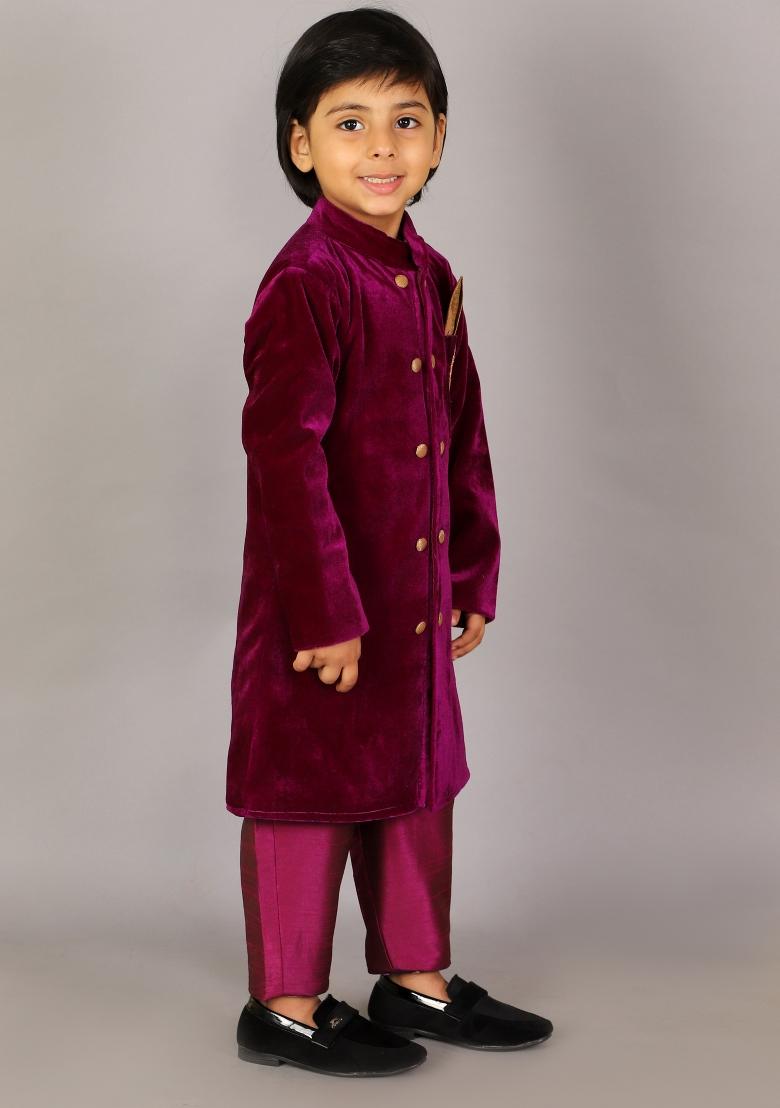Purple Embroidered Velvet Bandhgala Shwerwani For Boys