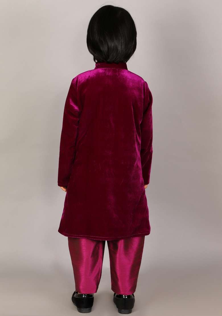 Purple Embroidered Velvet Bandhgala Shwerwani For Boys - Indya